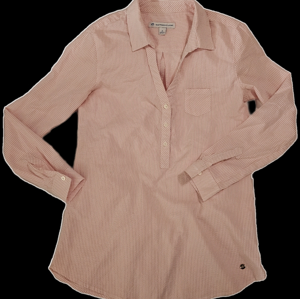 Southern Tide Small Kasey Pink Popover Seersucker, part button-up Beach Preppy